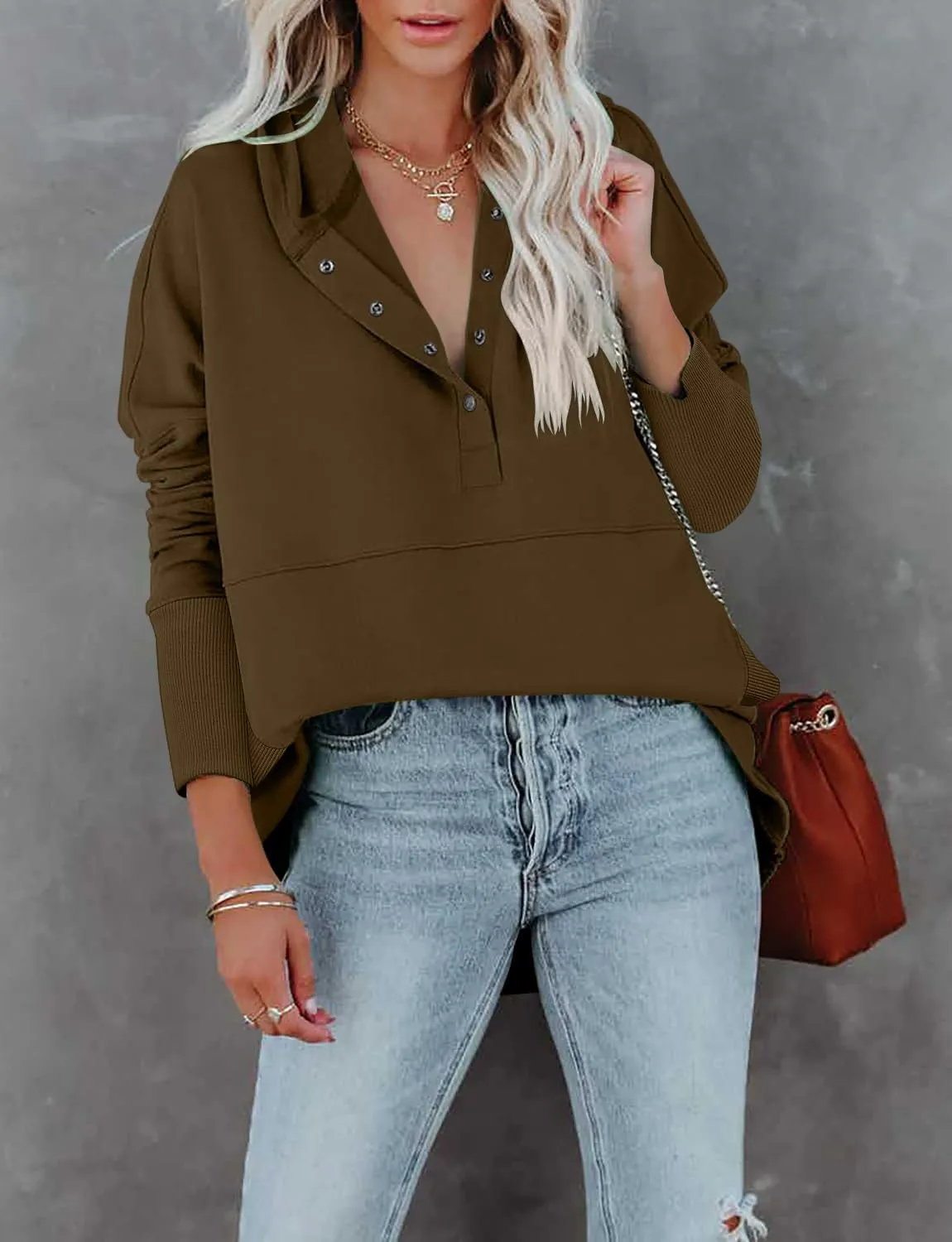 onlypuff Womens Oversized Hoodies and Sweatshirt V Neck Button up Loose Fit Henley Shirt 2022 Fall Fashion