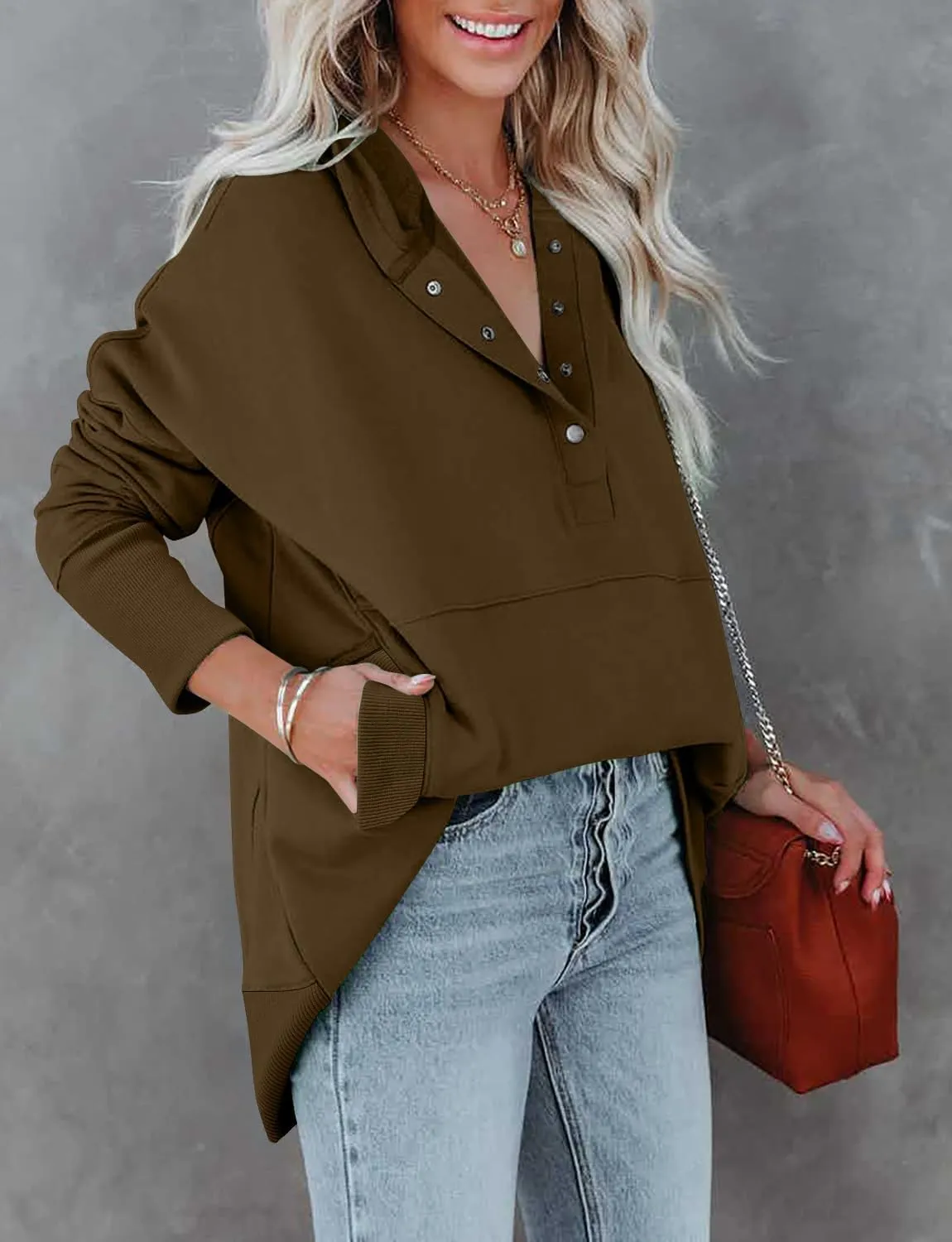 onlypuff Womens Oversized Hoodies and Sweatshirt V Neck Button up Loose Fit Henley Shirt 2022 Fall Fashion