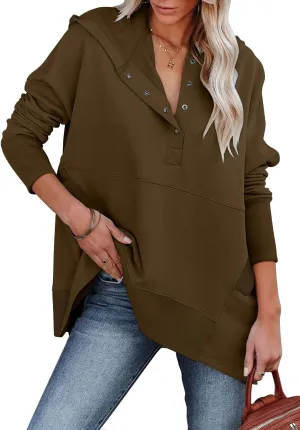onlypuff Womens Oversized Hoodies and Sweatshirt V Neck Button up Loose Fit Henley Shirt 2022 Fall Fashion