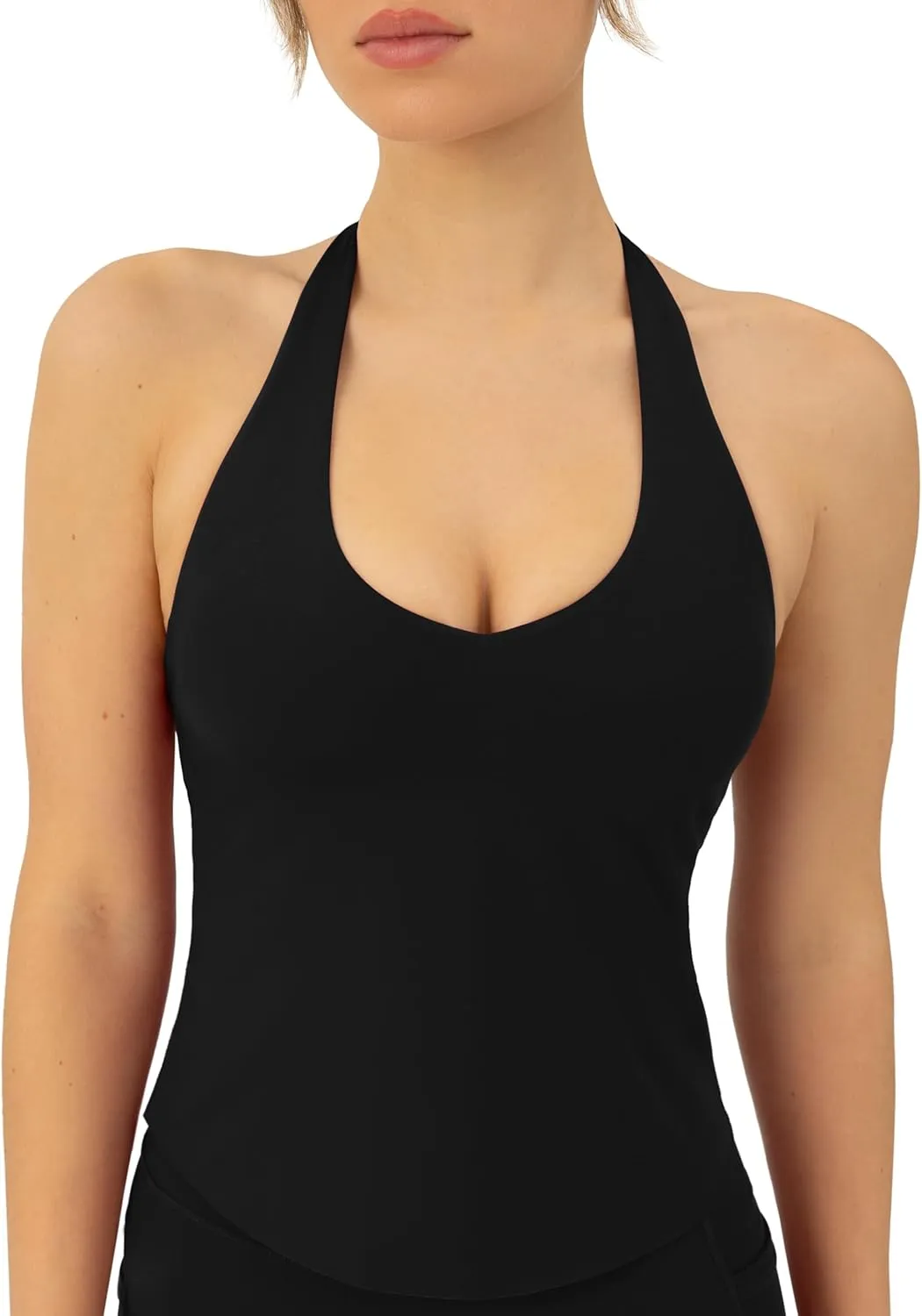 PAVOI ACTIVE Workout Halter Tops for Women Built in Bra - Low Support V Neck Backless Sports Tank Top Shelf Bra - HiPerform