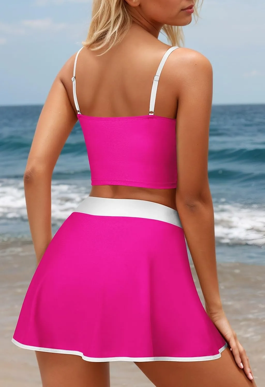 Pink Queen 2025 High Waisted Bikini Set for Women 2 Piece Swimsuits Spaghetti Straps Color Block Swim Skirt Bathing Suits