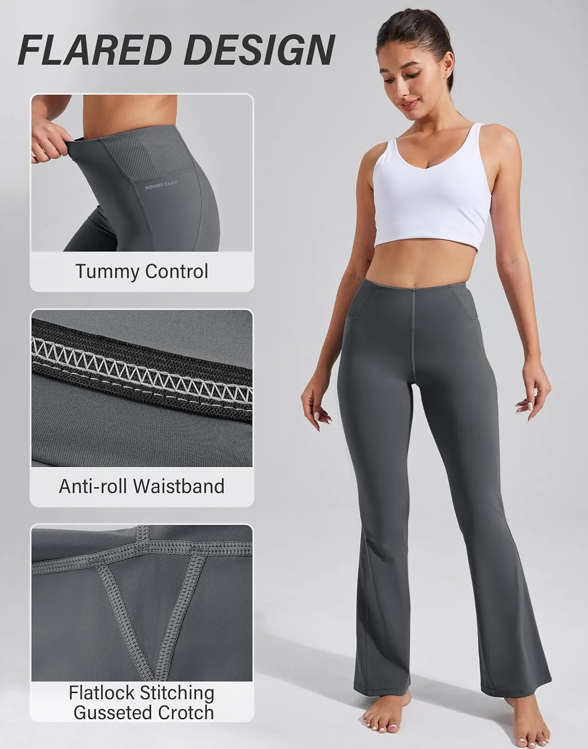 Pioneer Camp Women's Flare Yoga Pants Bootcut Flared Leggings with Pockets High Waist Tummy Control Bell Bottoms Gym Workout