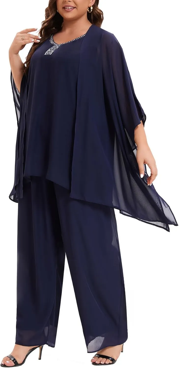 Plus Size Mother of Bride Pant Suits 3 Piece Chiffon Party Sets Handmade Sequins Wedding Guest Outfit