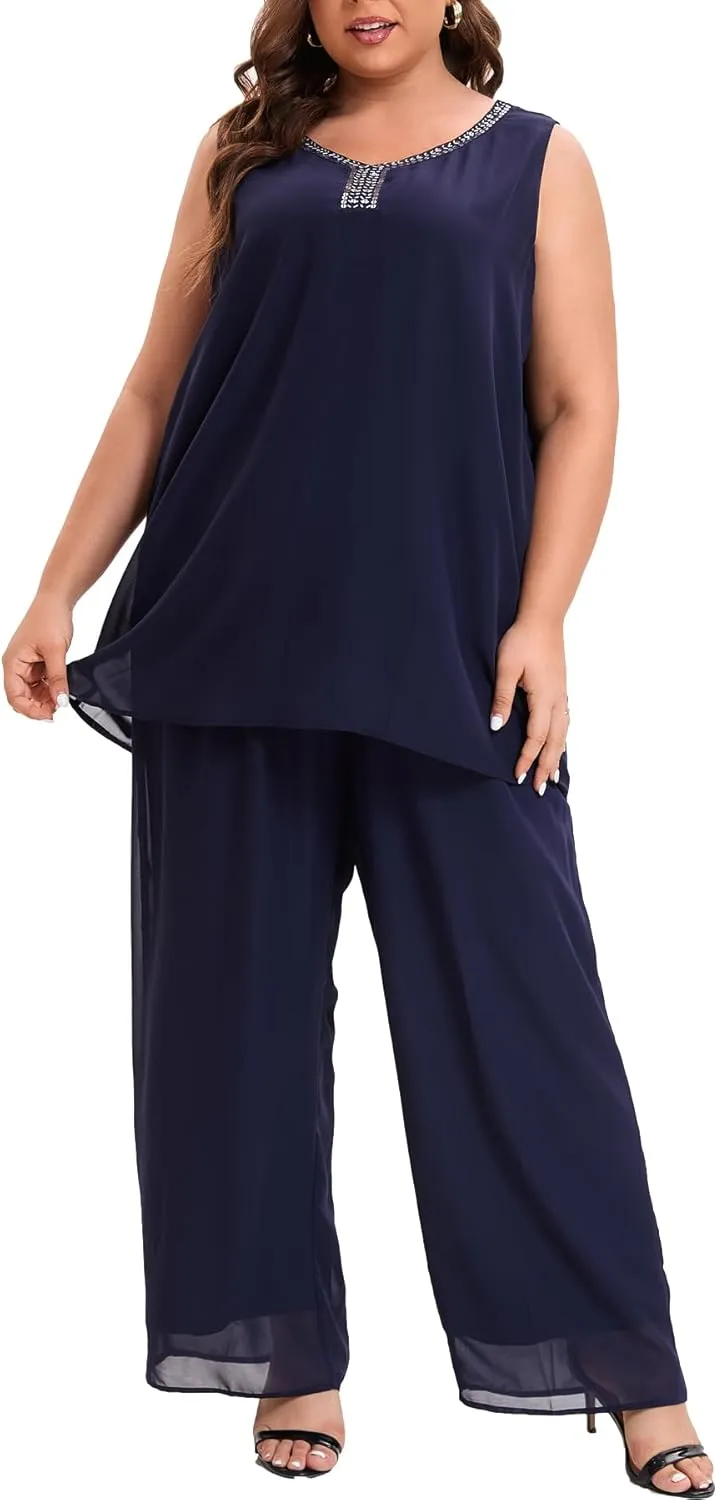 Plus Size Mother of Bride Pant Suits 3 Piece Chiffon Party Sets Handmade Sequins Wedding Guest Outfit