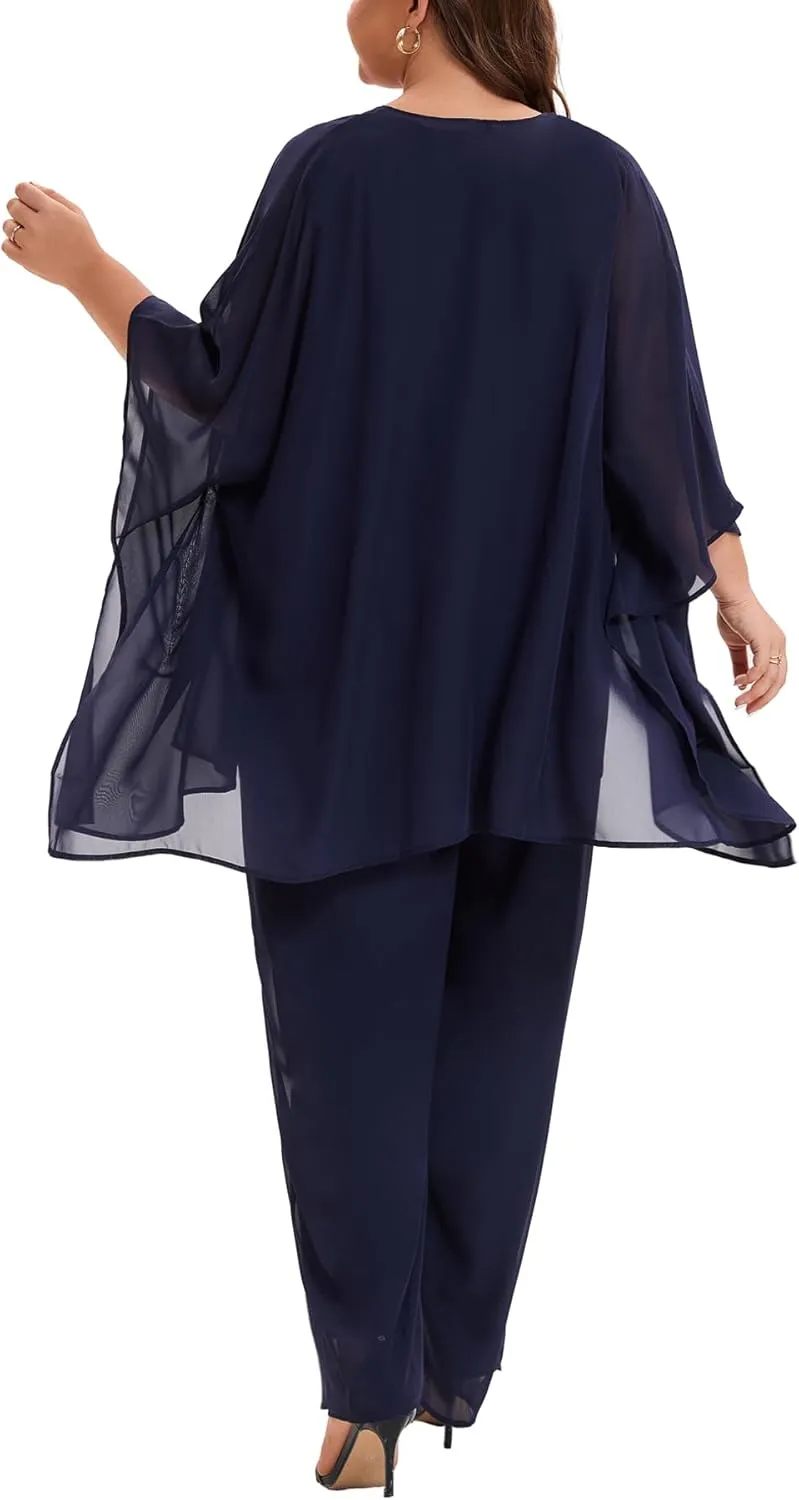 Plus Size Mother of Bride Pant Suits 3 Piece Chiffon Party Sets Handmade Sequins Wedding Guest Outfit
