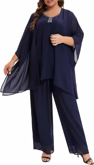 Plus Size Mother of Bride Pant Suits 3 Piece Chiffon Party Sets Handmade Sequins Wedding Guest Outfit