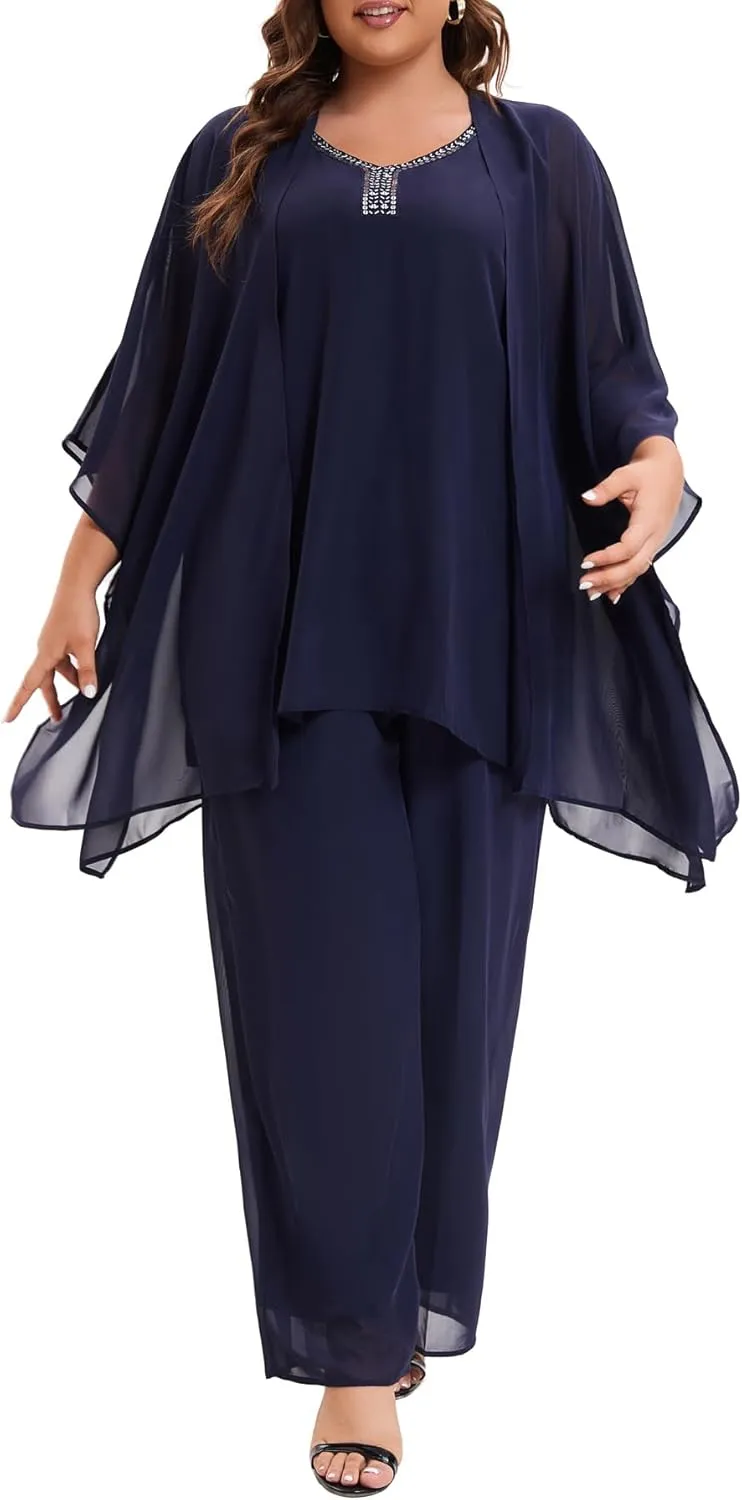 Plus Size Mother of Bride Pant Suits 3 Piece Chiffon Party Sets Handmade Sequins Wedding Guest Outfit