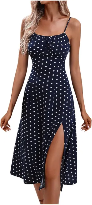 Polka Dot Dresses for Women Spaghetti Strap Sundress Summer Slim Fit Side Slit Midi Dress Sexy A Line Beach Sundress