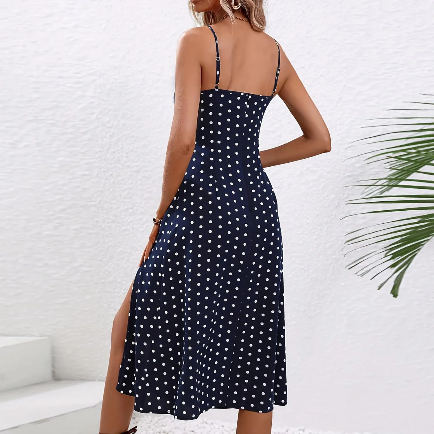 Polka Dot Dresses for Women Spaghetti Strap Sundress Summer Slim Fit Side Slit Midi Dress Sexy A Line Beach Sundress