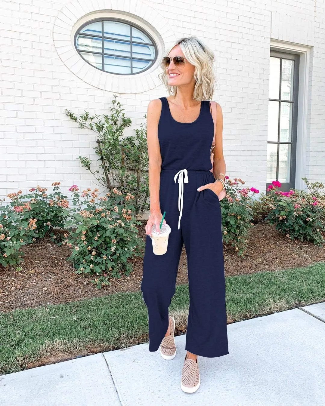 PRETTYGARDEN One Piece Jumpsuits for Women 2025 Summer Casual Drawstring Sleeveless Tank Romper Beach Vacation Outfits