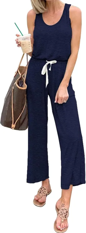 PRETTYGARDEN One Piece Jumpsuits for Women 2025 Summer Casual Drawstring Sleeveless Tank Romper Beach Vacation Outfits