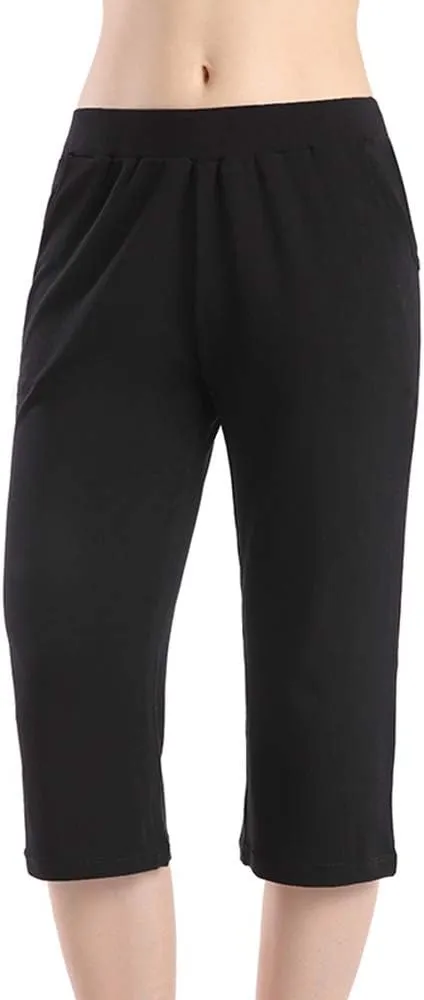 QingWan Womens Shorts with Pockets Elastic Waist Spandex Athletic Short Capri Pants Yoga