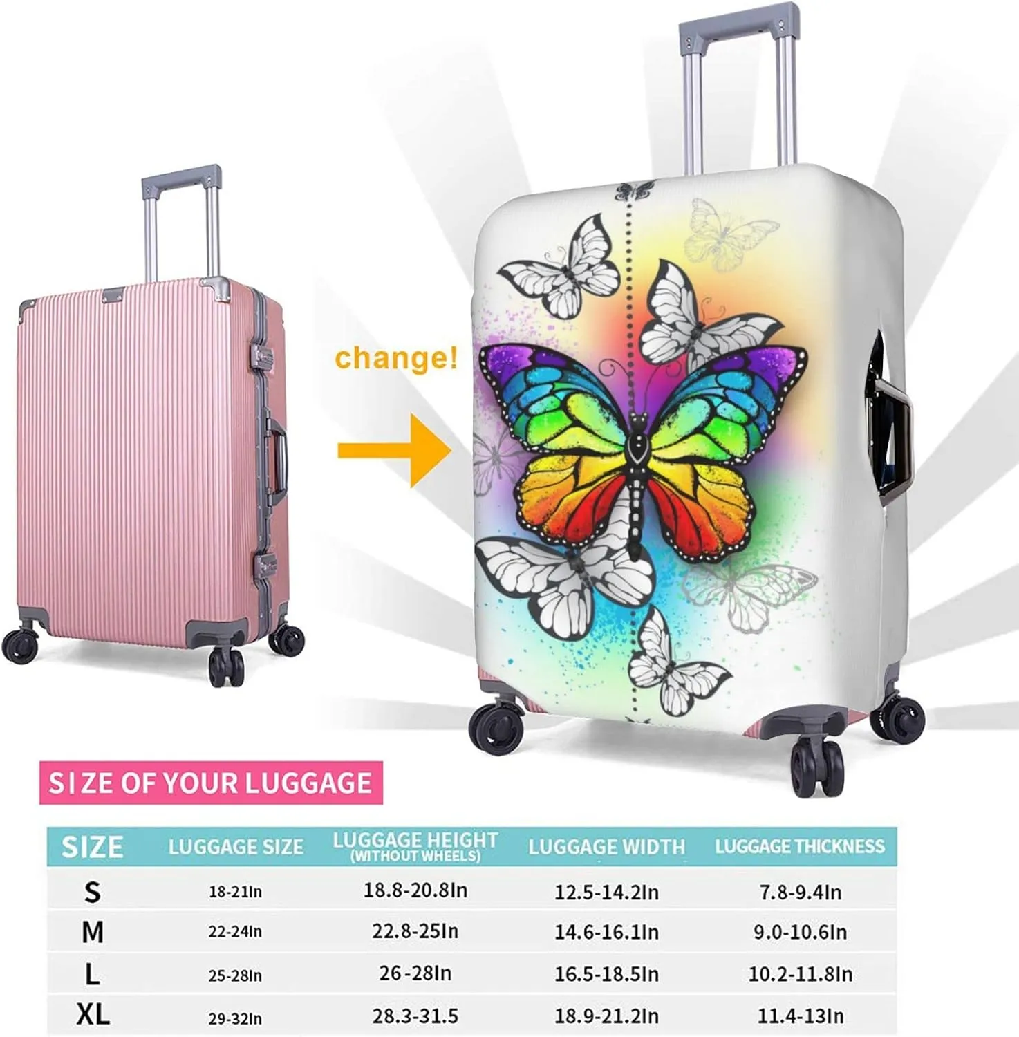 Rainbow Butterfly White Travel Luggage Cover Fits 18-32 Inch Luggage, Elastic Suitcase Cover Protector with Concealed Zipper for Wheeled Suitcase Tsa Approved
