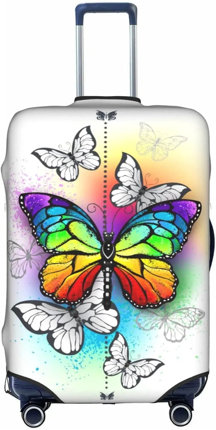Rainbow Butterfly White Travel Luggage Cover Fits 18-32 Inch Luggage, Elastic Suitcase Cover Protector with Concealed Zipper for Wheeled Suitcase Tsa Approved