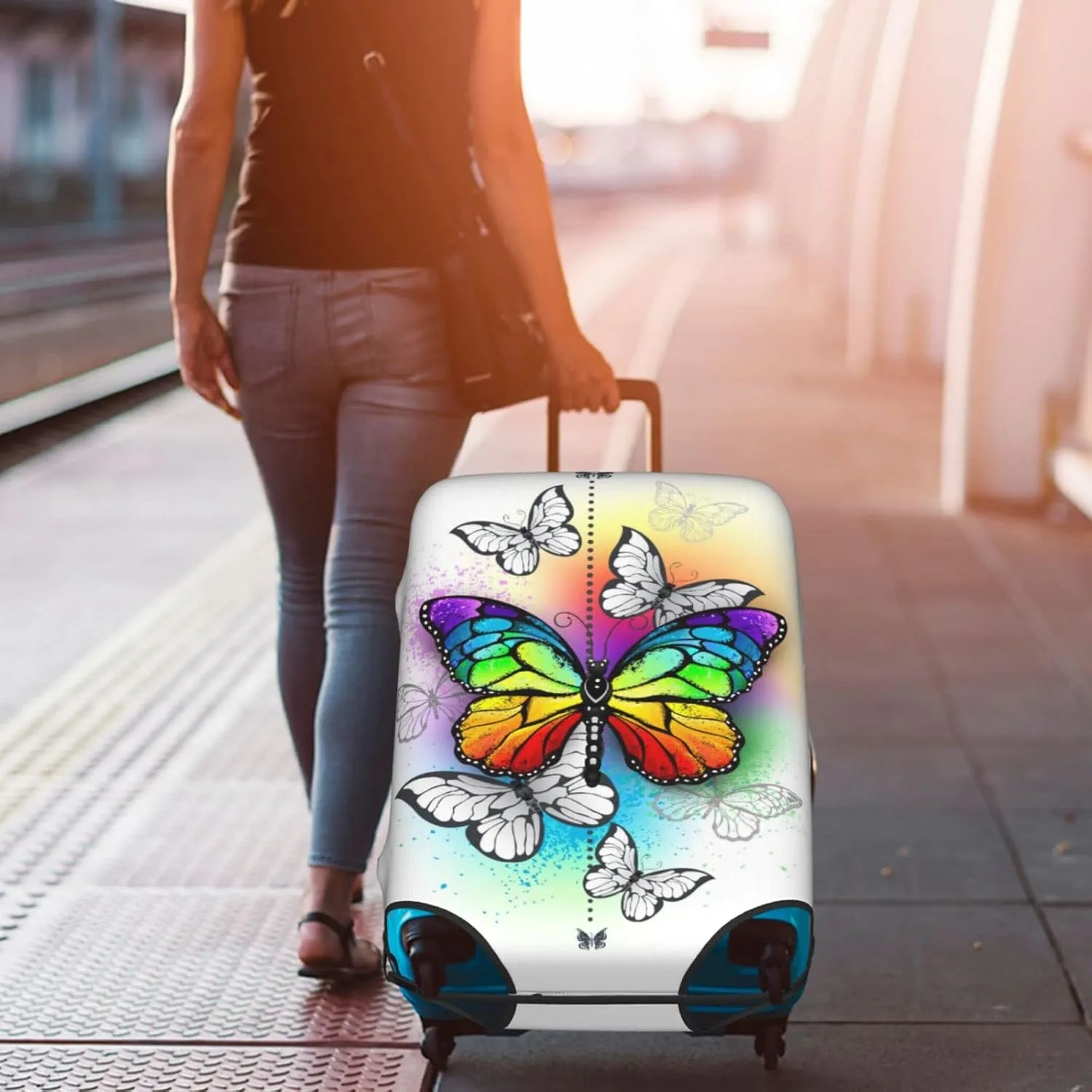 Rainbow Butterfly White Travel Luggage Cover Fits 18-32 Inch Luggage, Elastic Suitcase Cover Protector with Concealed Zipper for Wheeled Suitcase Tsa Approved