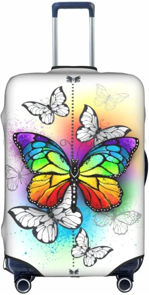 Rainbow Butterfly White Travel Luggage Cover Fits 18-32 Inch Luggage, Elastic Suitcase Cover Protector with Concealed Zipper for Wheeled Suitcase Tsa Approved