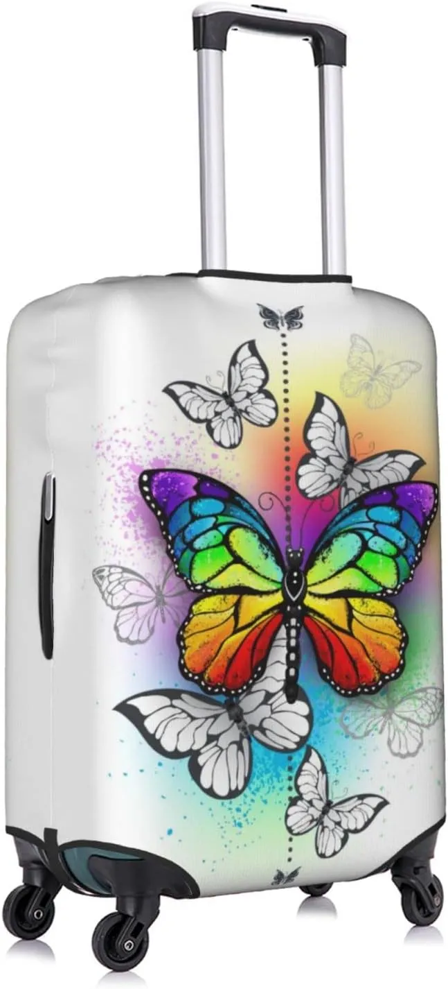 Rainbow Butterfly White Travel Luggage Cover Fits 18-32 Inch Luggage, Elastic Suitcase Cover Protector with Concealed Zipper for Wheeled Suitcase Tsa Approved