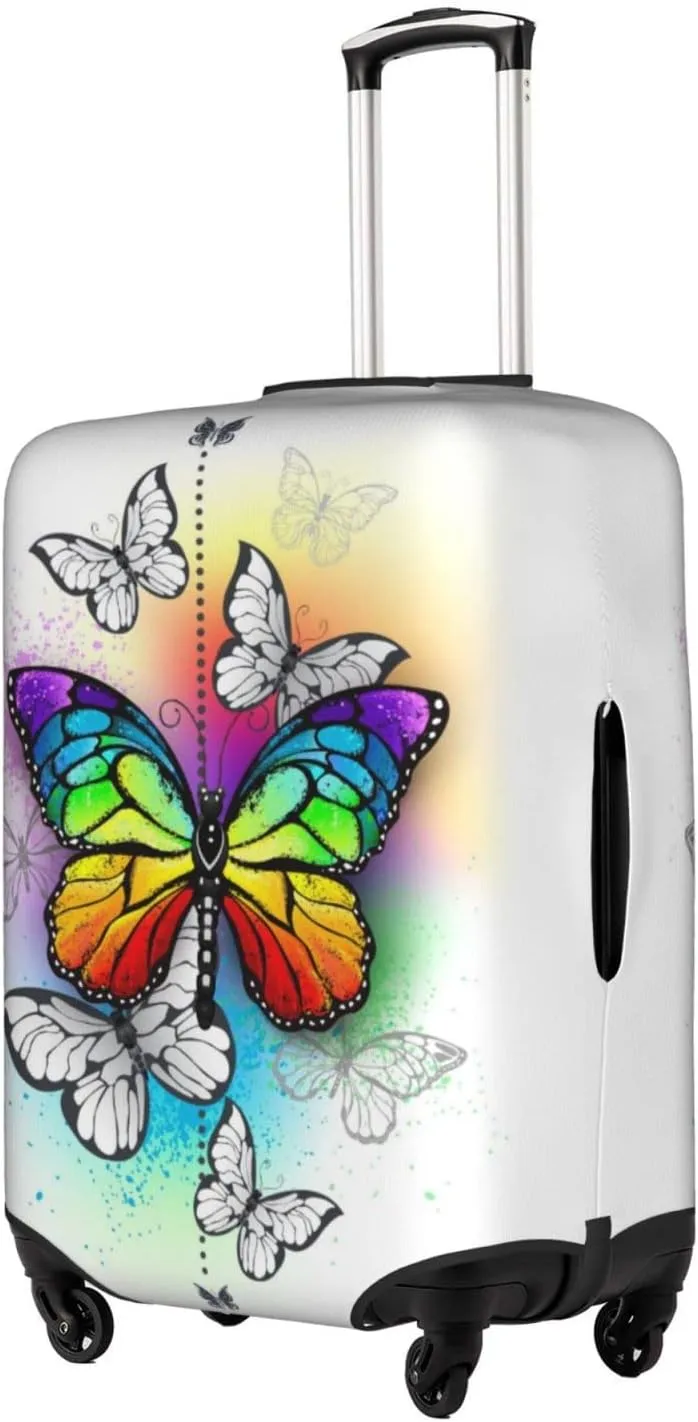 Rainbow Butterfly White Travel Luggage Cover Fits 18-32 Inch Luggage, Elastic Suitcase Cover Protector with Concealed Zipper for Wheeled Suitcase Tsa Approved