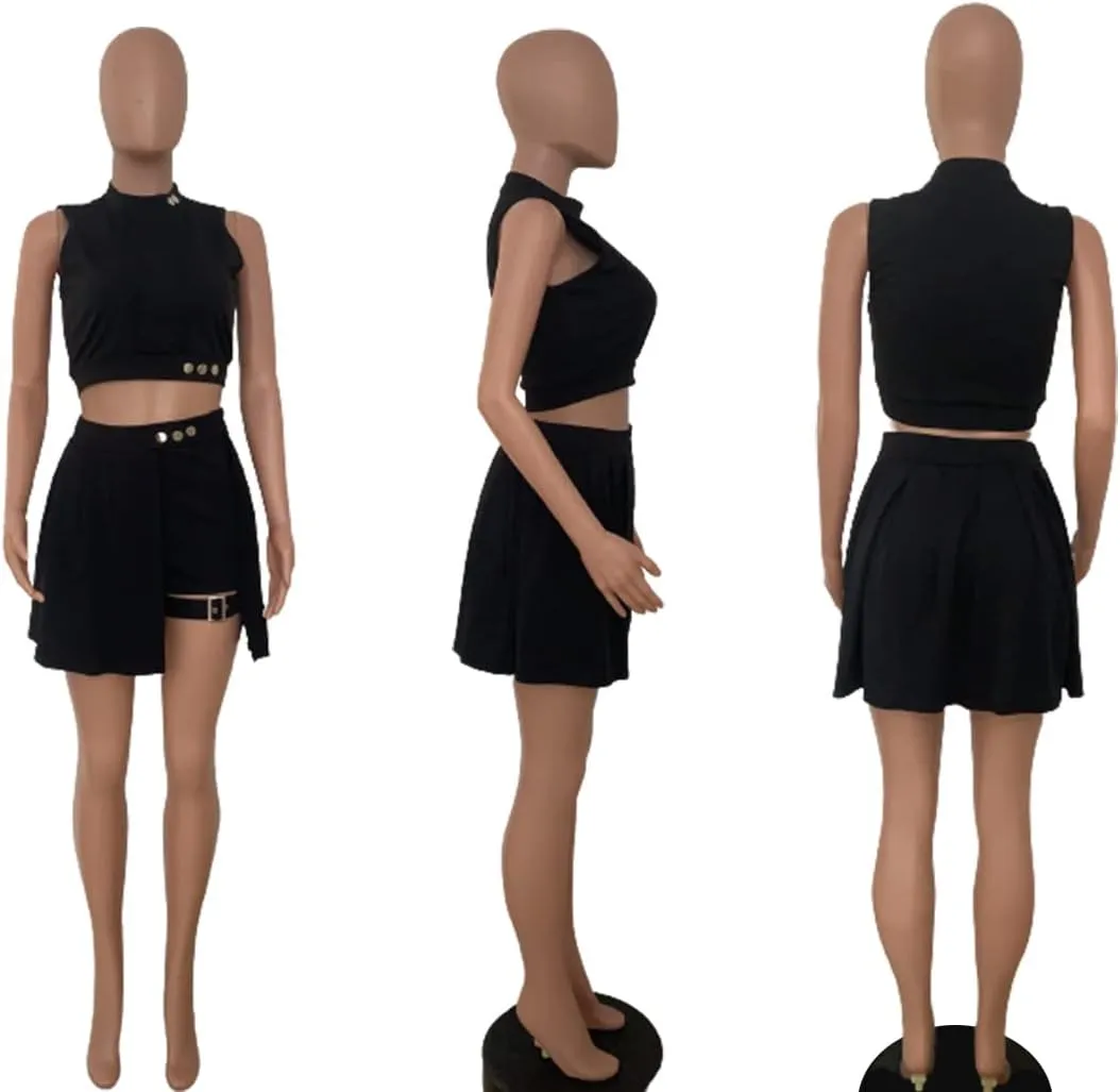 Remxi Women 2 Piece Outfits Jumpsuits Summer Sexy Sleeveless Crop Top Pleated Mini Skirt Biker Shorts Set Sweatsuit