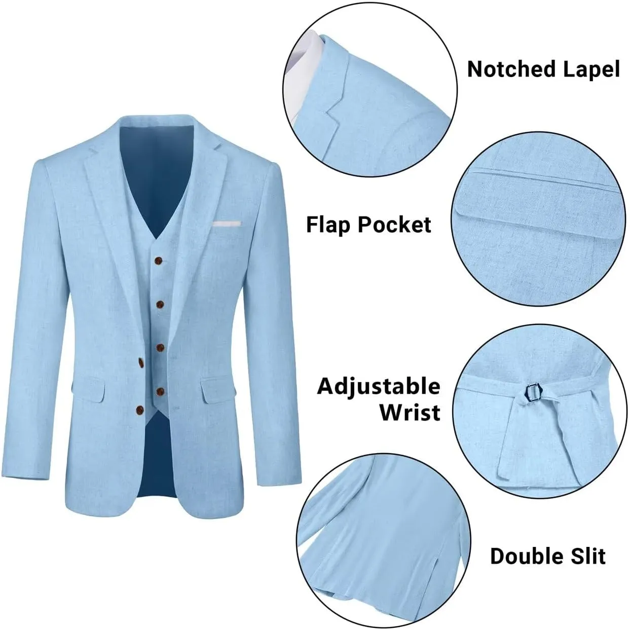 Retro Linen Mens Suit 3 Pieces Light Weight Linen Suit Linen Summer Slim Fit Suits Tuxedo Jacket Blazer Vest Pant for Men