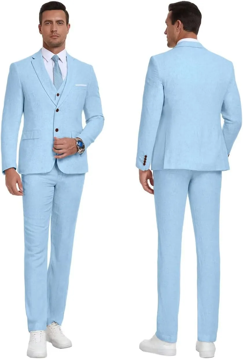Retro Linen Mens Suit 3 Pieces Light Weight Linen Suit Linen Summer Slim Fit Suits Tuxedo Jacket Blazer Vest Pant for Men