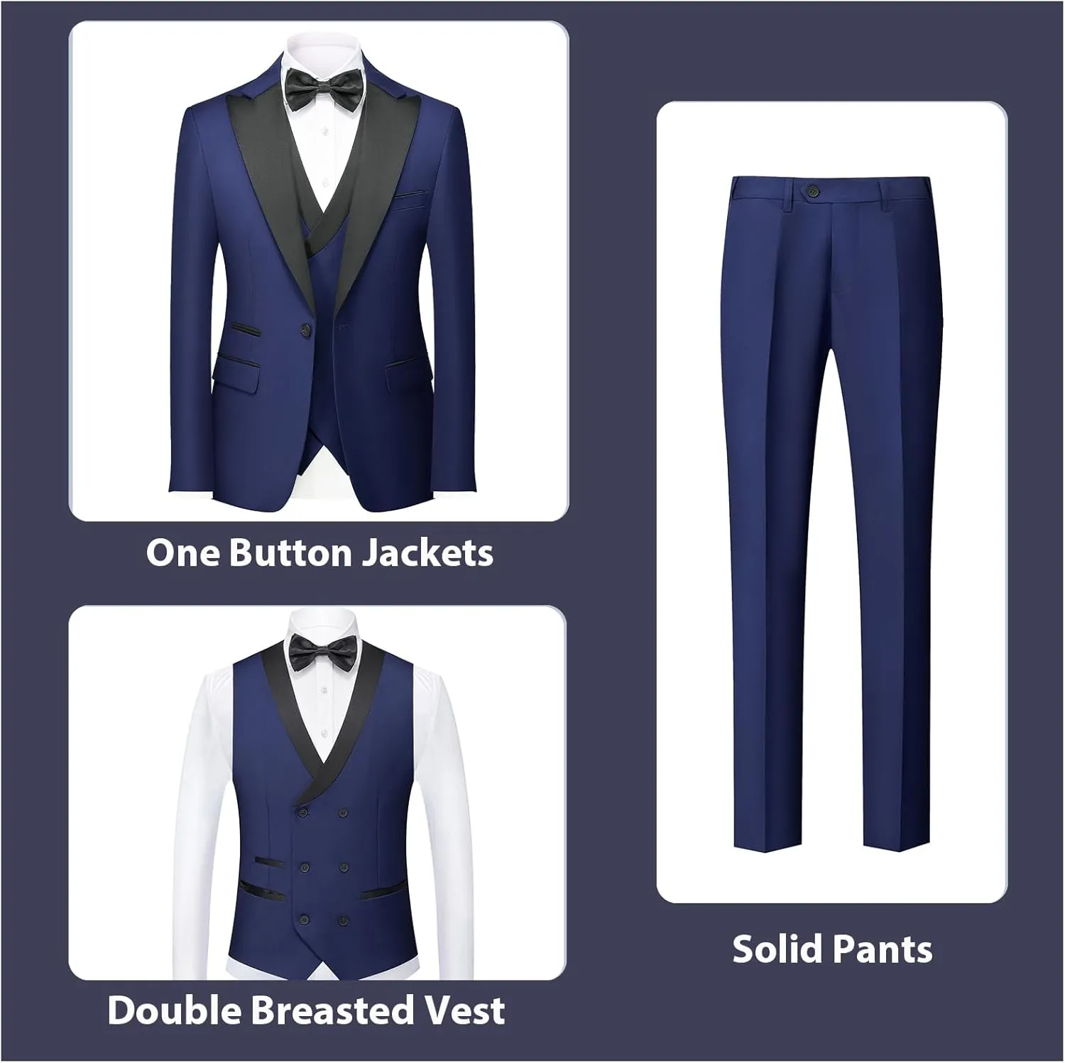 Rogers & Morris Tuxedo Suits for Men Solid 3 Piece Slim FitFormal Set Peak Lapels One Button Jacket Vest Pants