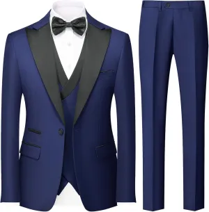 Rogers & Morris Tuxedo Suits for Men Solid 3 Piece Slim FitFormal Set Peak Lapels One Button Jacket Vest Pants