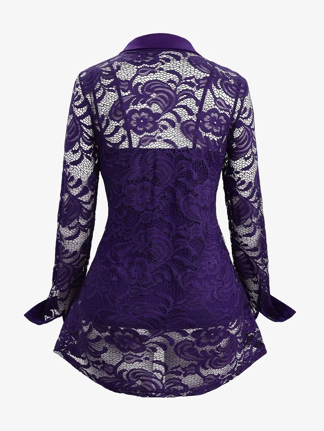 ROSE GAL Rosegal Womens Plus Size Sheer Lace Button Front Long Sleeve Blouse and Cami Top Twinset