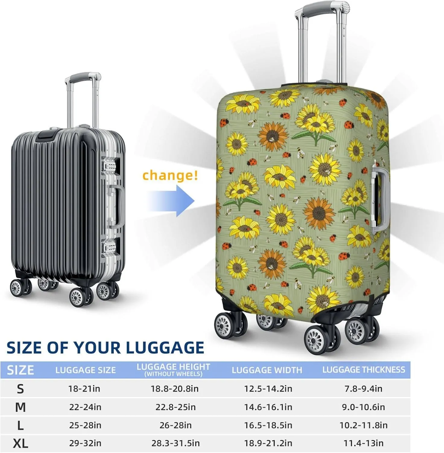 Sage Green With Sunflowers Print Luggage Covers For Suitcase,Elastic Washable & Stretchable Suitcase Covers For Luggage, Anti-Scratch - Fits 18-32 Inch Luggage-No Luggage Included