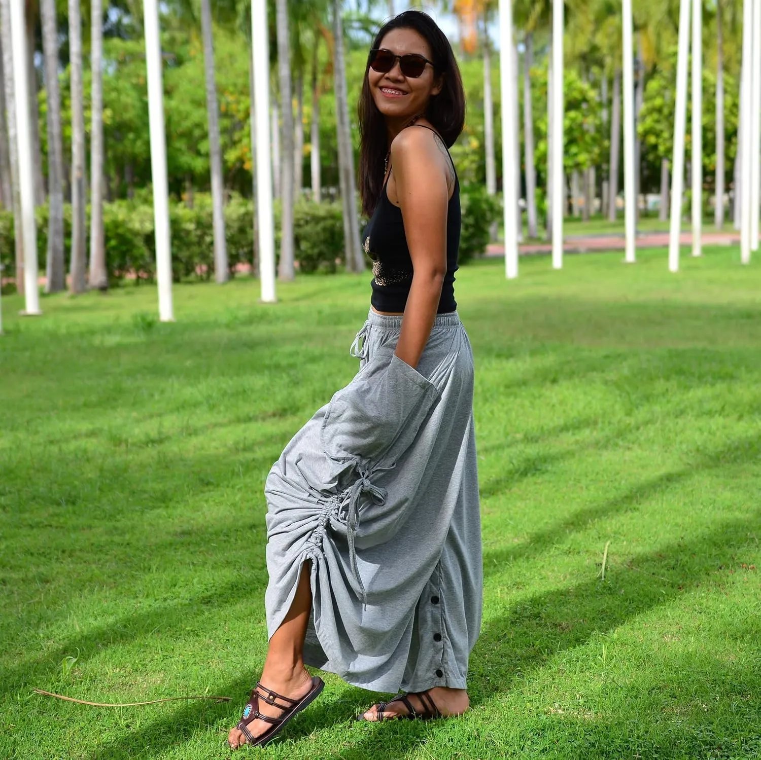 Sakoonee Women's Harem Pants Palazzo Dhoti Lounge Trousers, Convertible to a Skirt 2 Pockets Cotton, One Size, Elastic Waist