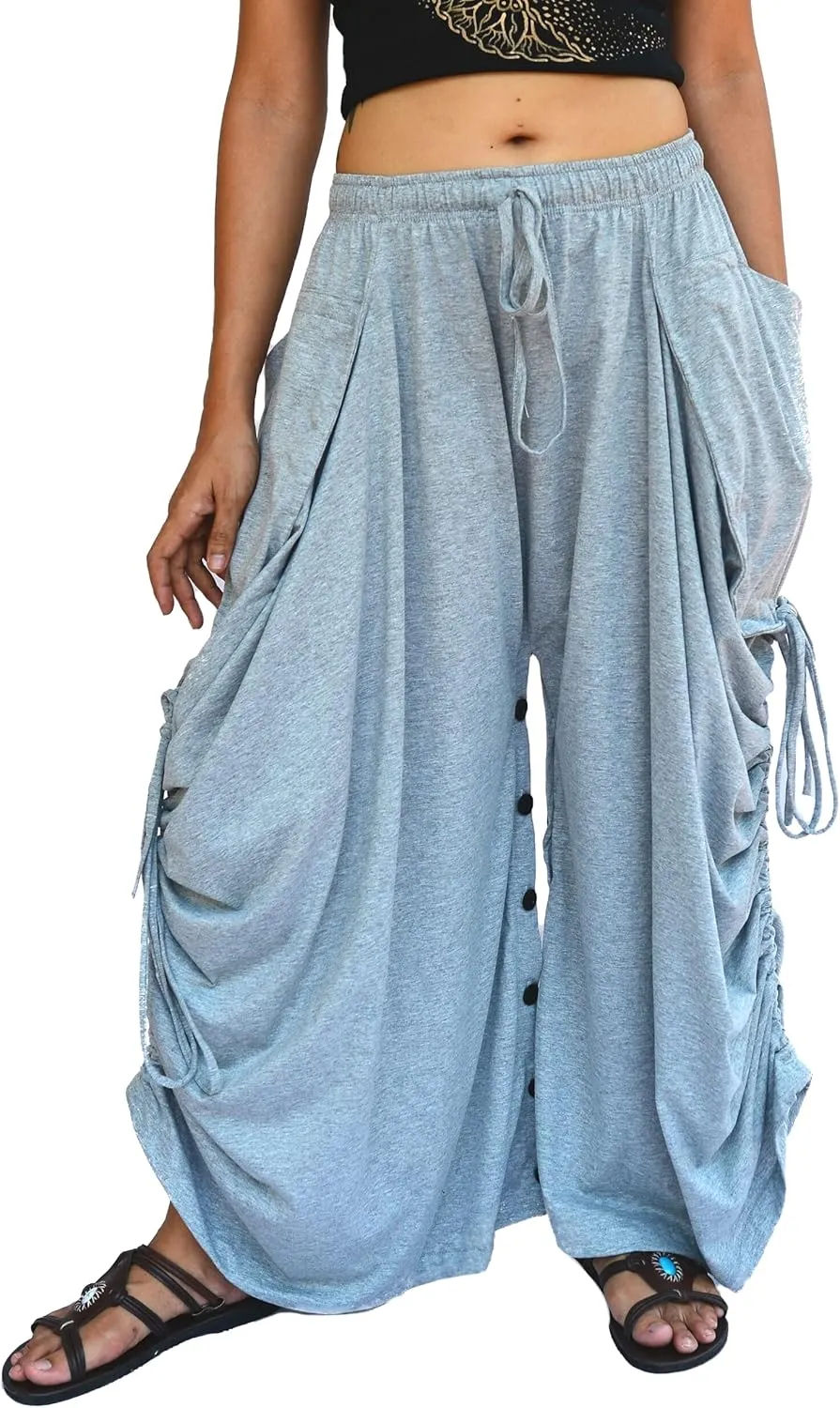 Sakoonee Women's Harem Pants Palazzo Dhoti Lounge Trousers, Convertible to a Skirt 2 Pockets Cotton, One Size, Elastic Waist