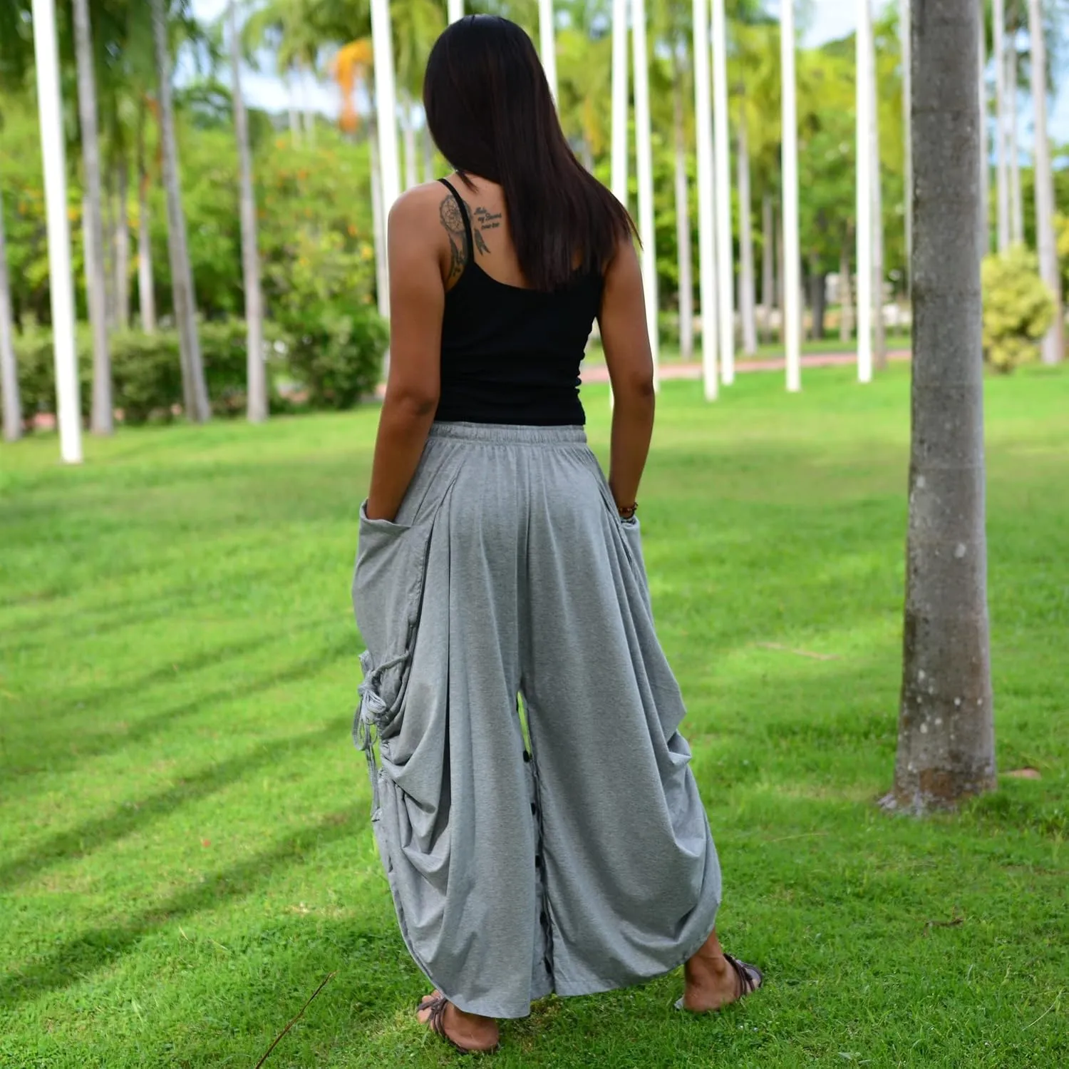 Sakoonee Women's Harem Pants Palazzo Dhoti Lounge Trousers, Convertible to a Skirt 2 Pockets Cotton, One Size, Elastic Waist