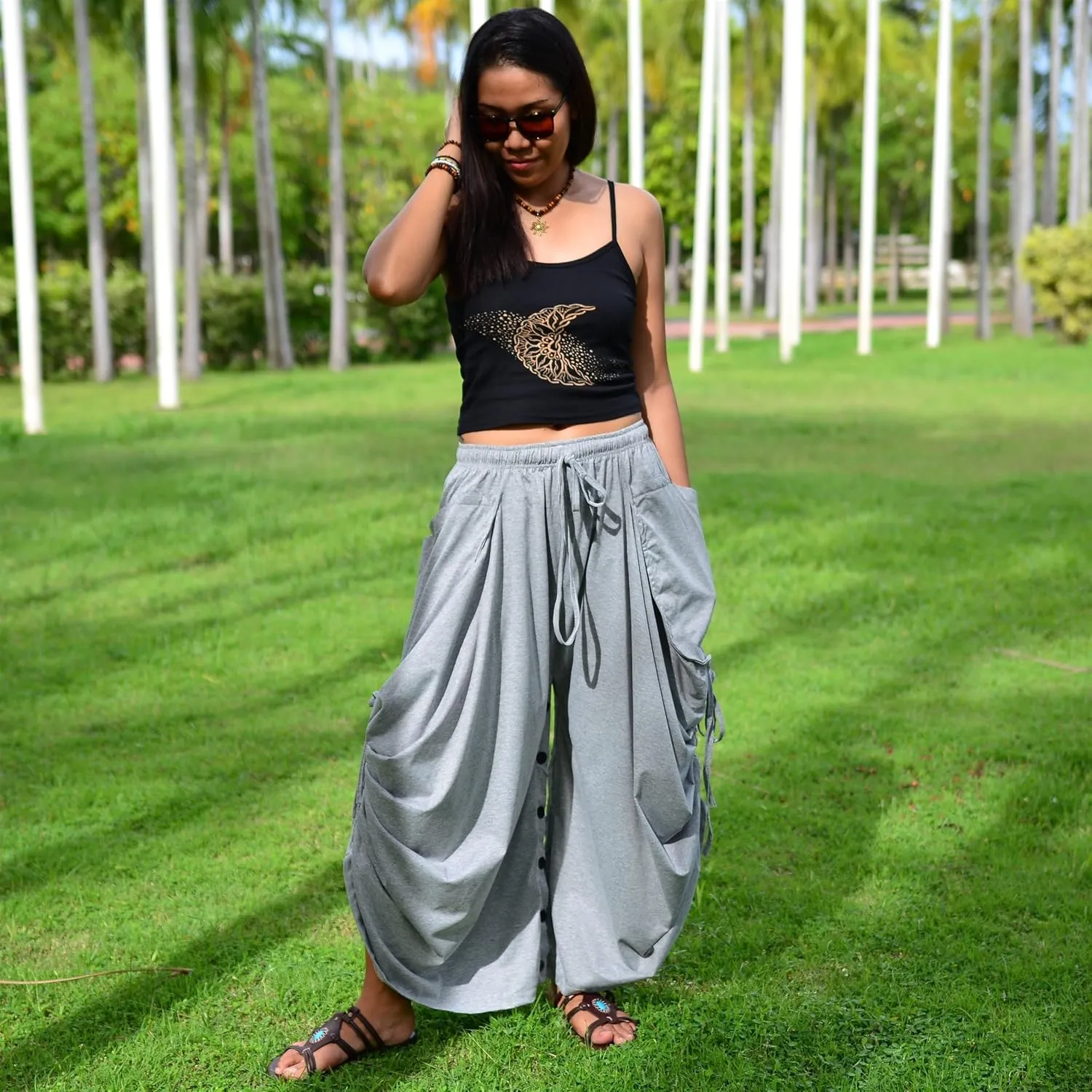 Sakoonee Women's Harem Pants Palazzo Dhoti Lounge Trousers, Convertible to a Skirt 2 Pockets Cotton, One Size, Elastic Waist