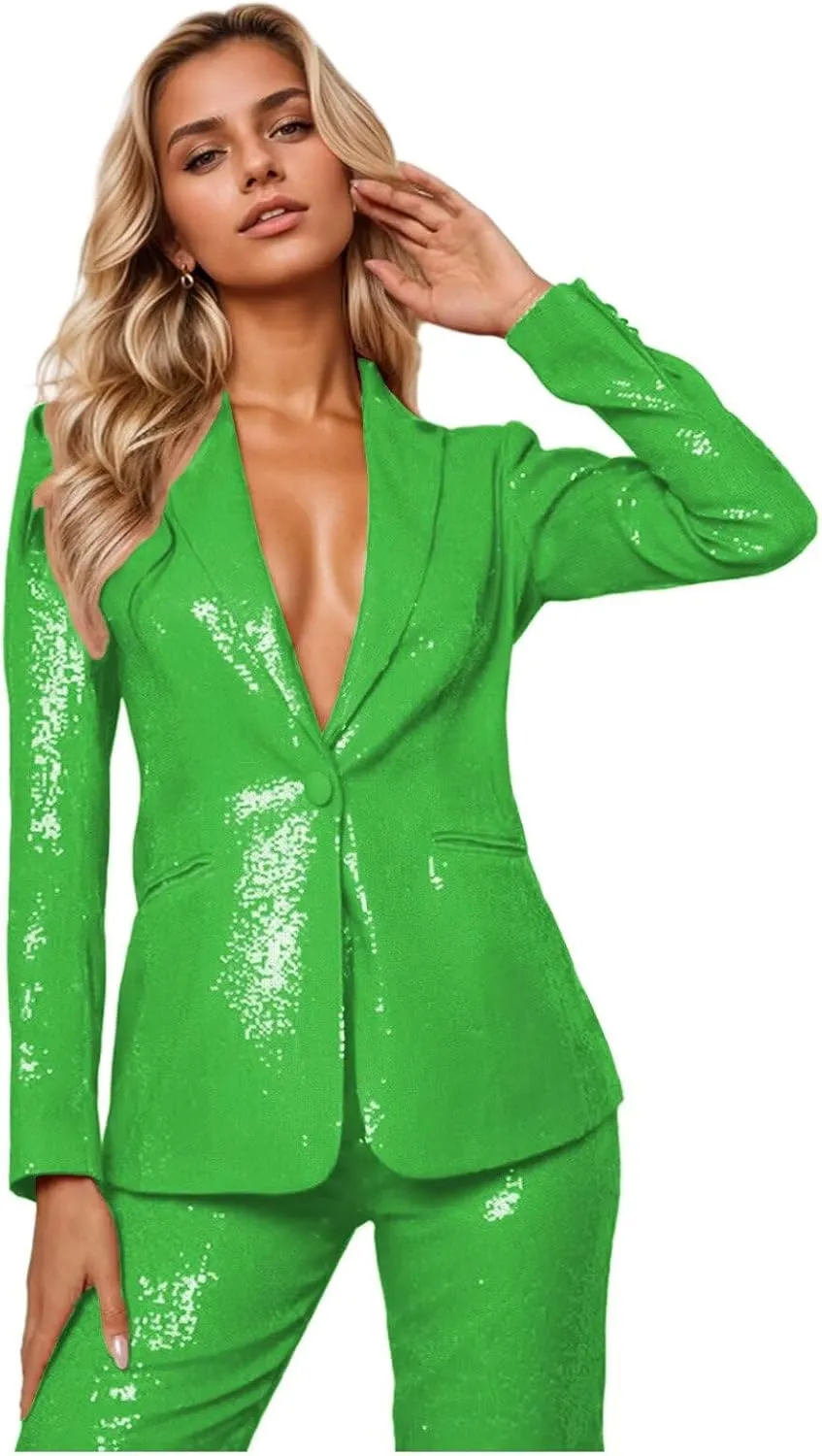 Sequin Womens Suit 2 Piece Set Dressy Sexy V Neck Wedding Tuxedos Glitter Sparkly Blazer Pants Prom Party Outfit