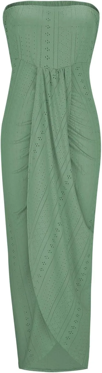 Sexy Dresses for Women Trendy Strapless Wrap Slit Eyelet Dress Fashion High Waist Ruched Bodycon Cocktail Party Dress