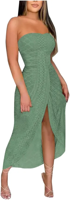 Sexy Dresses for Women Trendy Strapless Wrap Slit Eyelet Dress Fashion High Waist Ruched Bodycon Cocktail Party Dress