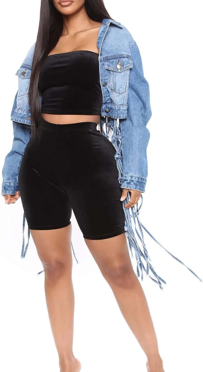 Sexyshine Women's Long Fringe Cropped Denim Jacket Back Hollow Out Knotted Tassel Distressed Blue Button Down Jean Coat