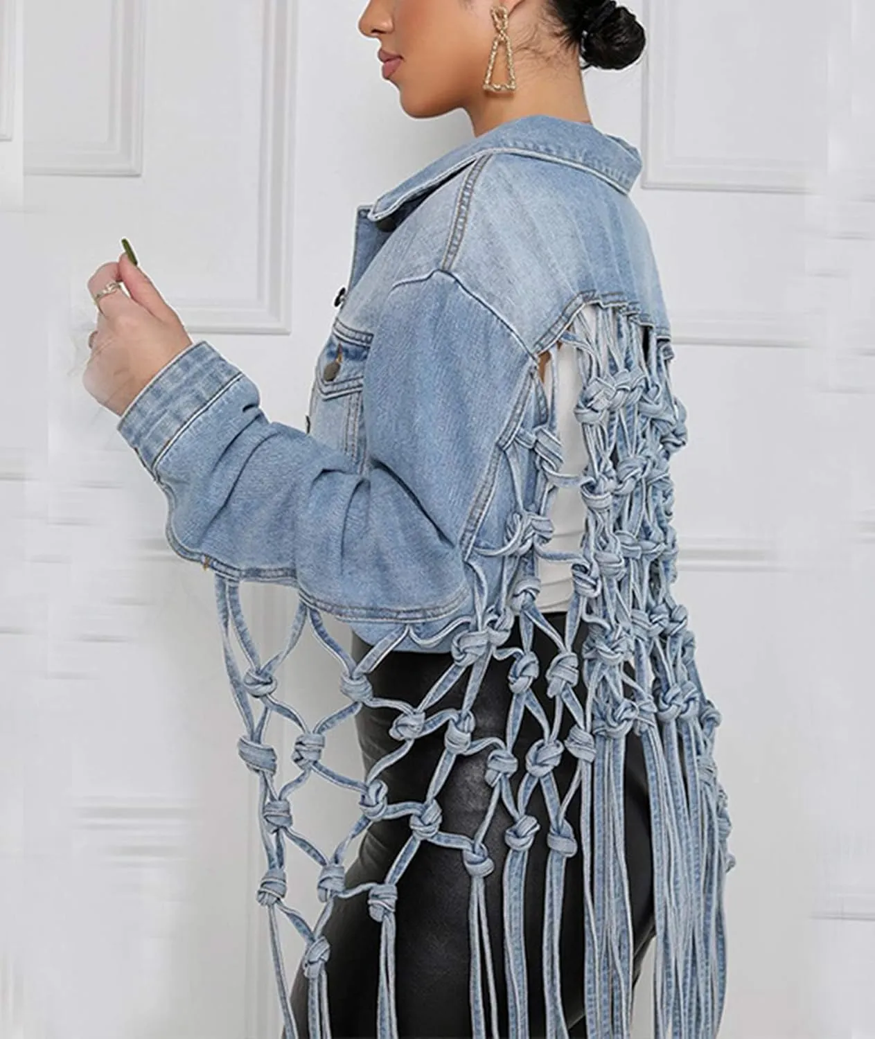 Sexyshine Women's Long Fringe Cropped Denim Jacket Back Hollow Out Knotted Tassel Distressed Blue Button Down Jean Coat
