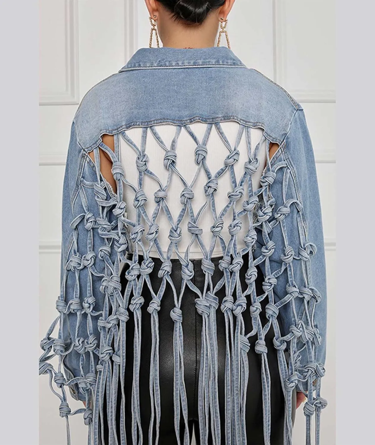 Sexyshine Women's Long Fringe Cropped Denim Jacket Back Hollow Out Knotted Tassel Distressed Blue Button Down Jean Coat