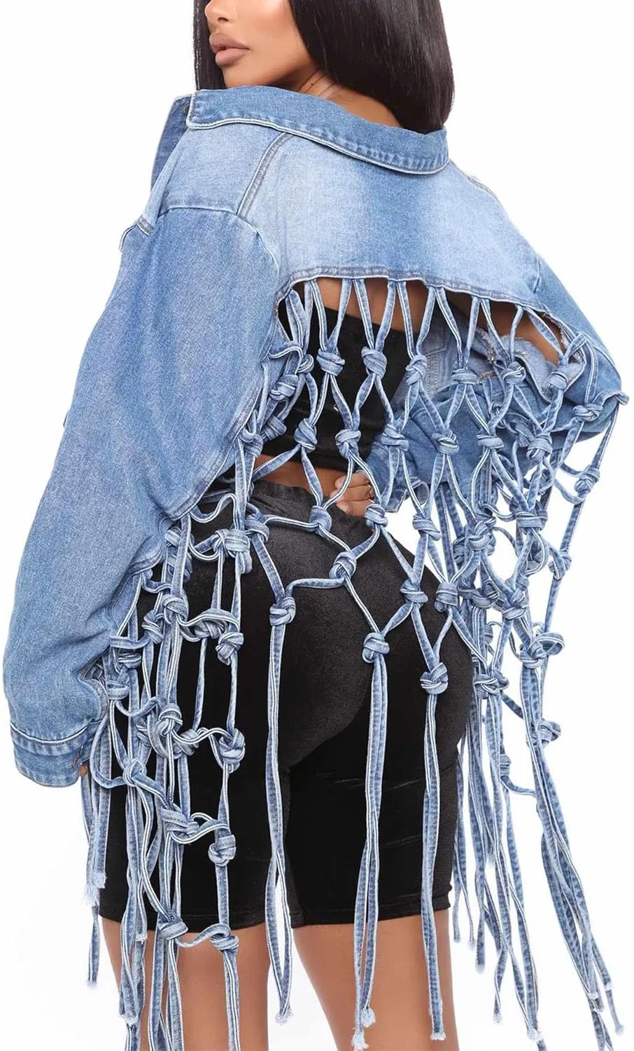 Sexyshine Women's Long Fringe Cropped Denim Jacket Back Hollow Out Knotted Tassel Distressed Blue Button Down Jean Coat