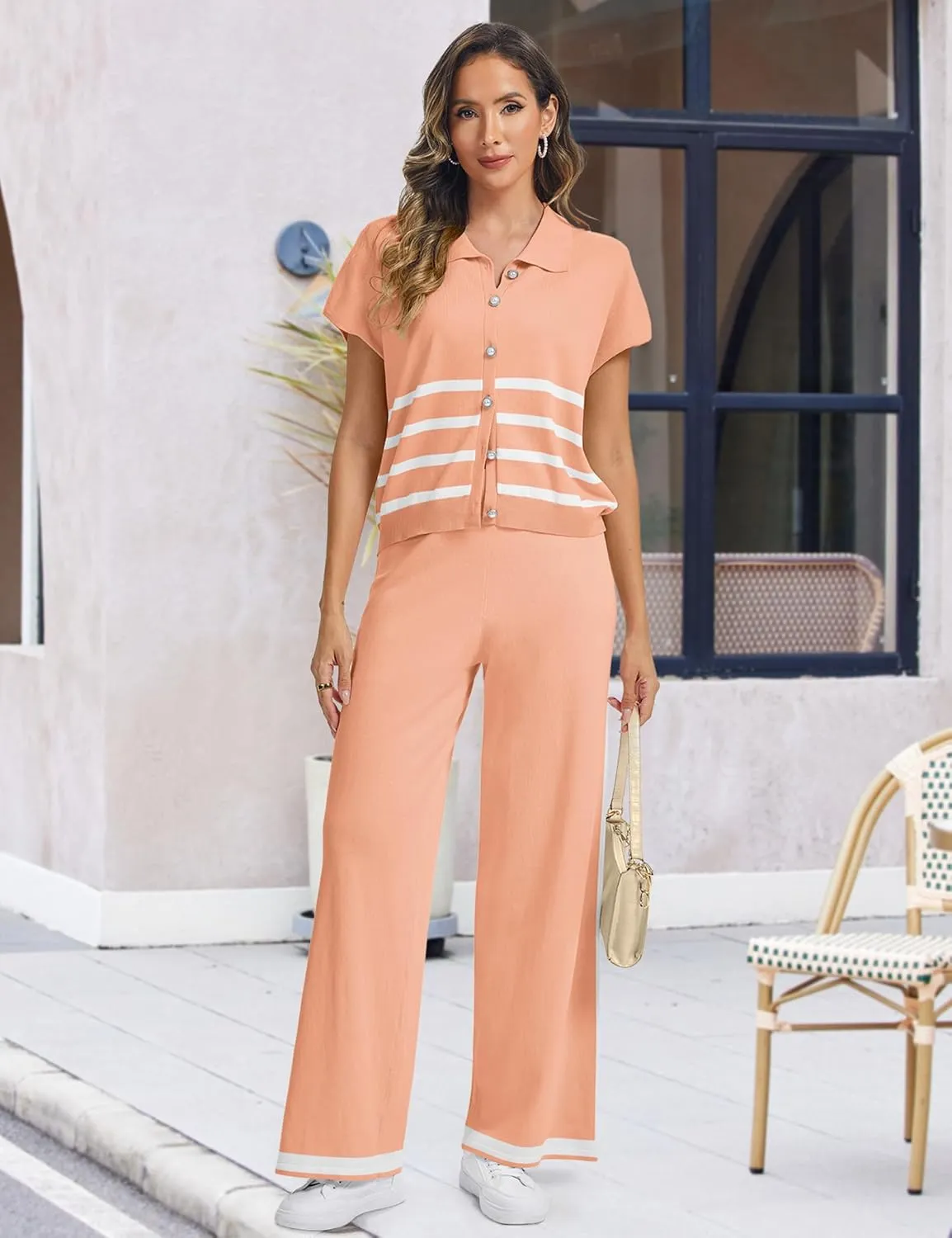 SHESHOW Lounge Sets for Women Stripe Knit Cap Sleeve Lapel Button Down Top and Wide Leg Pants 2 Piece Outfits S-XXL