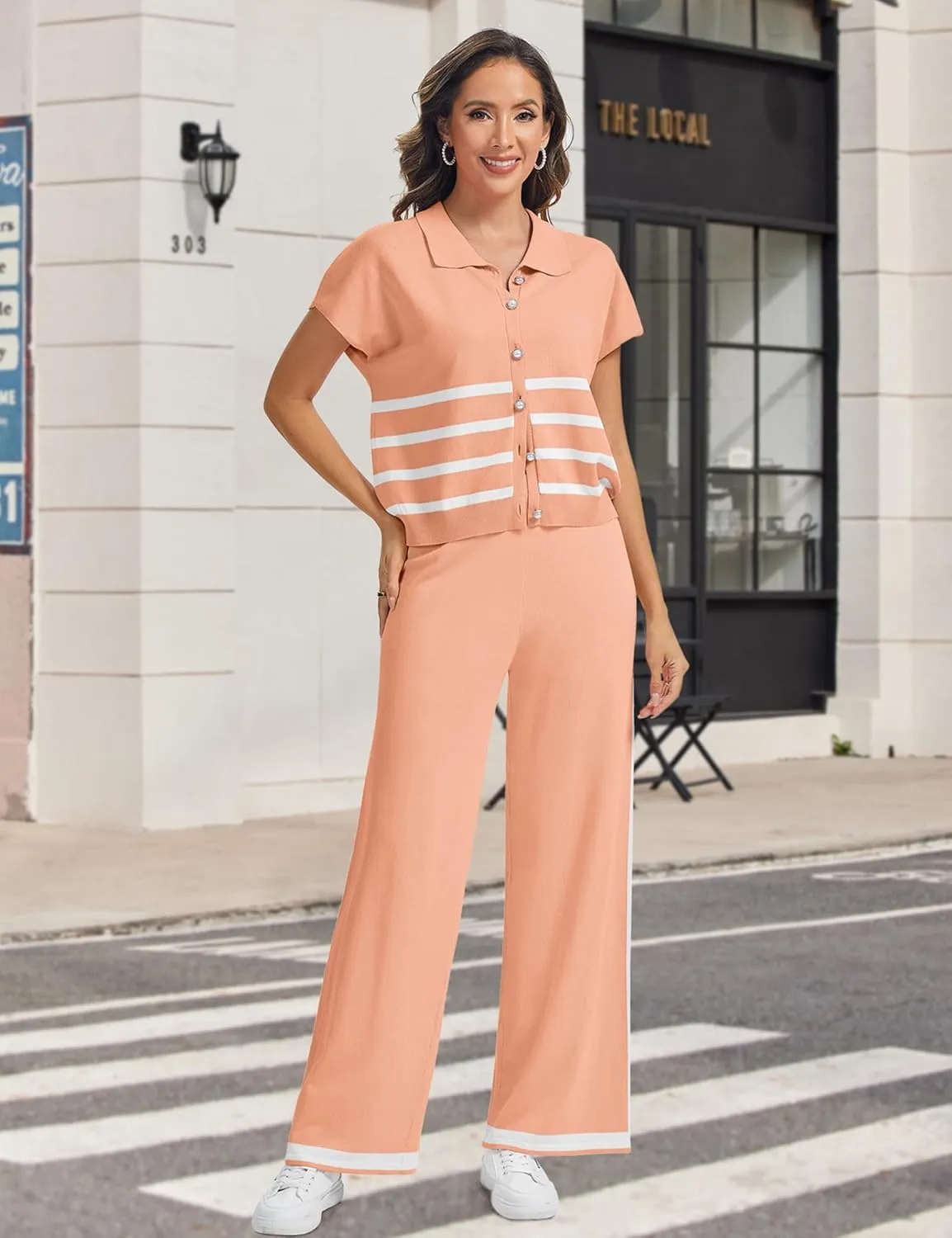 SHESHOW Lounge Sets for Women Stripe Knit Cap Sleeve Lapel Button Down Top and Wide Leg Pants 2 Piece Outfits S-XXL