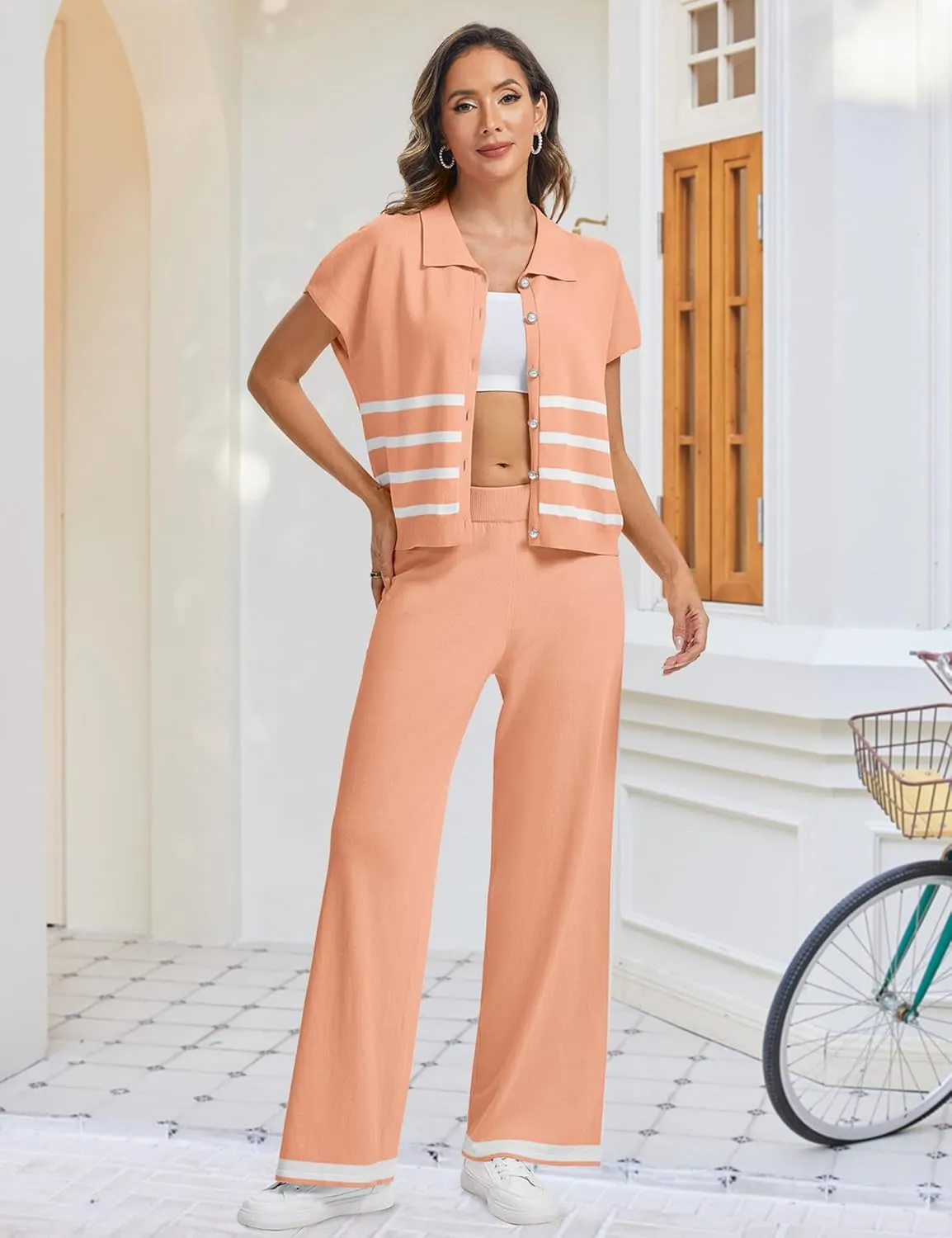 SHESHOW Lounge Sets for Women Stripe Knit Cap Sleeve Lapel Button Down Top and Wide Leg Pants 2 Piece Outfits S-XXL