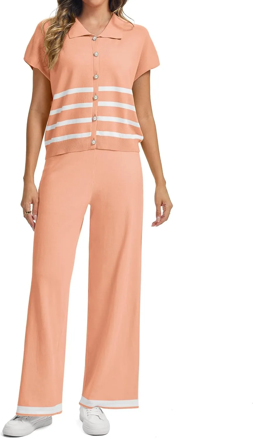 SHESHOW Lounge Sets for Women Stripe Knit Cap Sleeve Lapel Button Down Top and Wide Leg Pants 2 Piece Outfits S-XXL