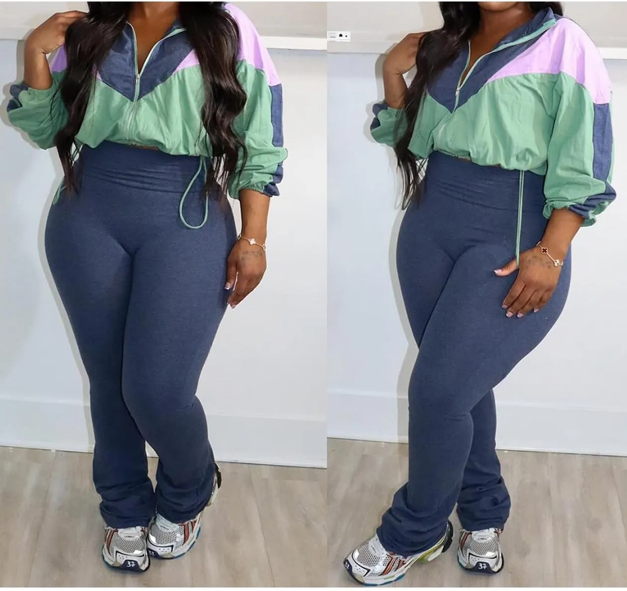 SHINFY Womens Sweatsuits 2 Piece Set Long Sleeve Color Block Cropped Jacket Leggings Pants Jogger Tracksuits Sets