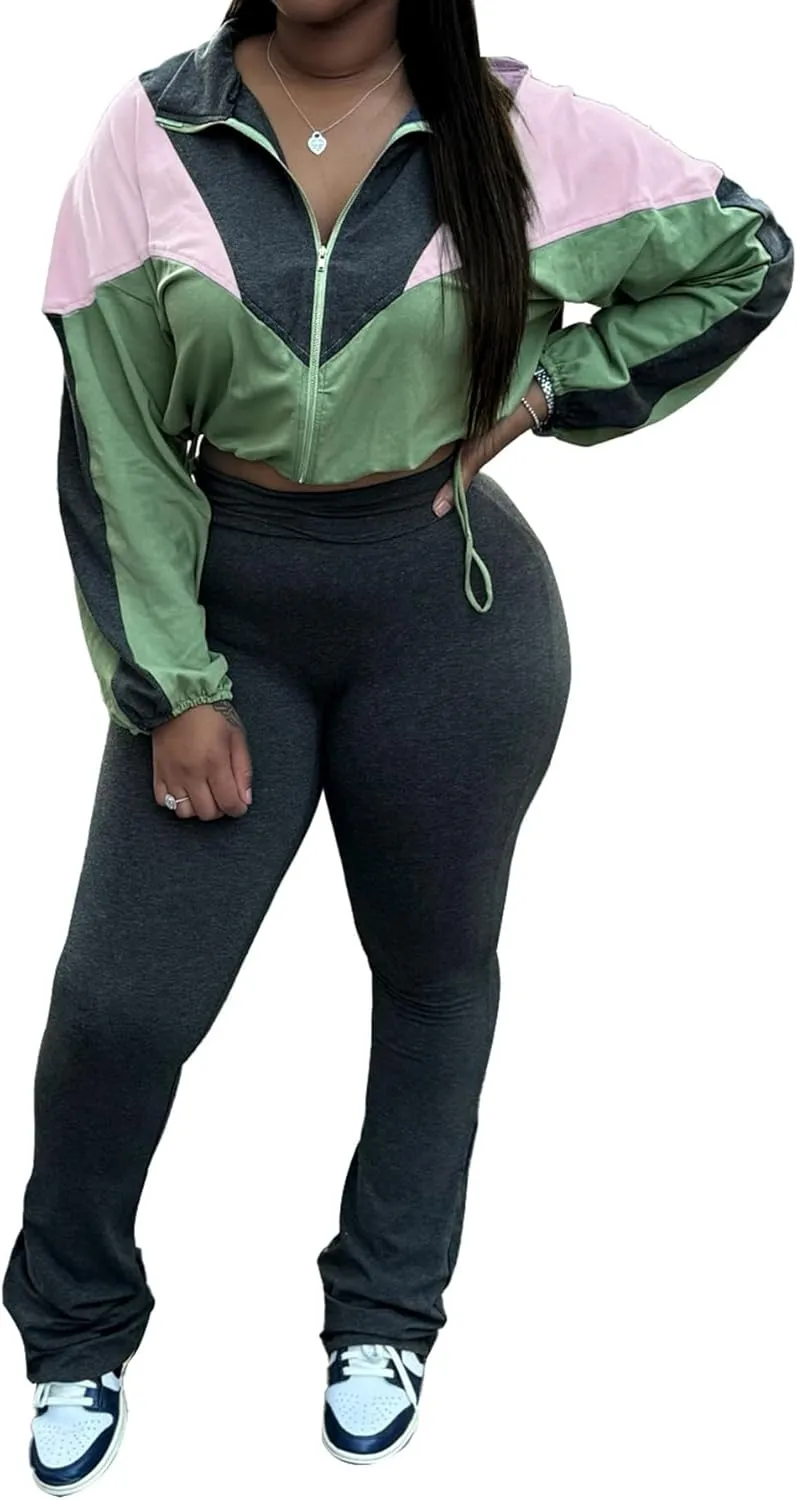 SHINFY Womens Sweatsuits 2 Piece Set Long Sleeve Color Block Cropped Jacket Leggings Pants Jogger Tracksuits Sets