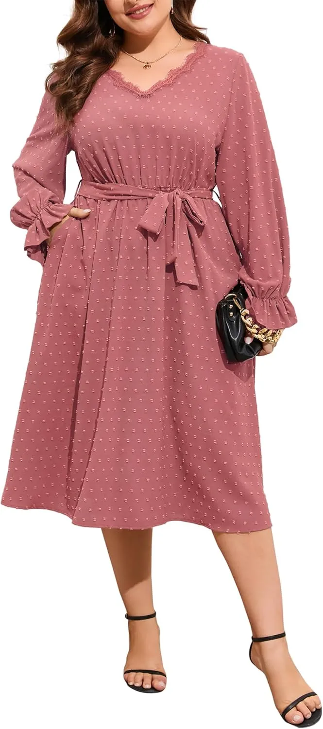 ShopWonder Plus Size Womens V Neck Long Sleeve Swiss Dot Boho Dress Empire Waist Ruffle Flowy A Line Midi Dress