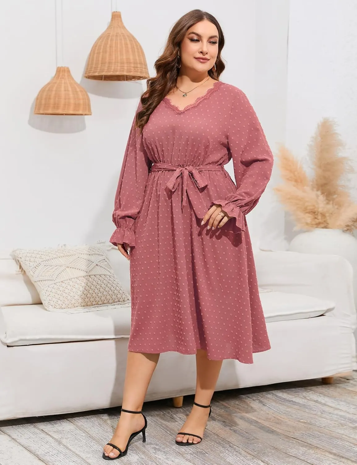 ShopWonder Plus Size Womens V Neck Long Sleeve Swiss Dot Boho Dress Empire Waist Ruffle Flowy A Line Midi Dress