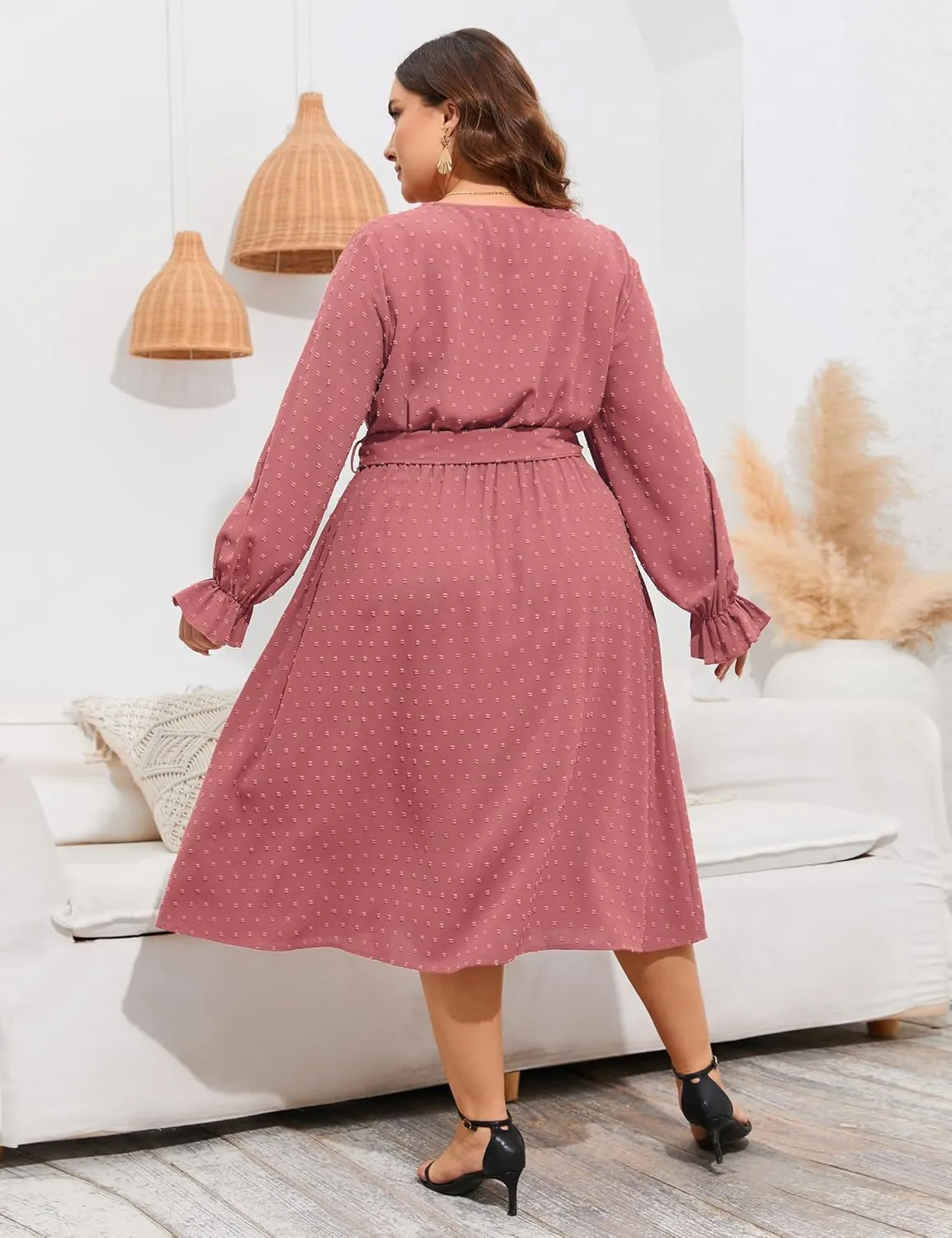 ShopWonder Plus Size Womens V Neck Long Sleeve Swiss Dot Boho Dress Empire Waist Ruffle Flowy A Line Midi Dress