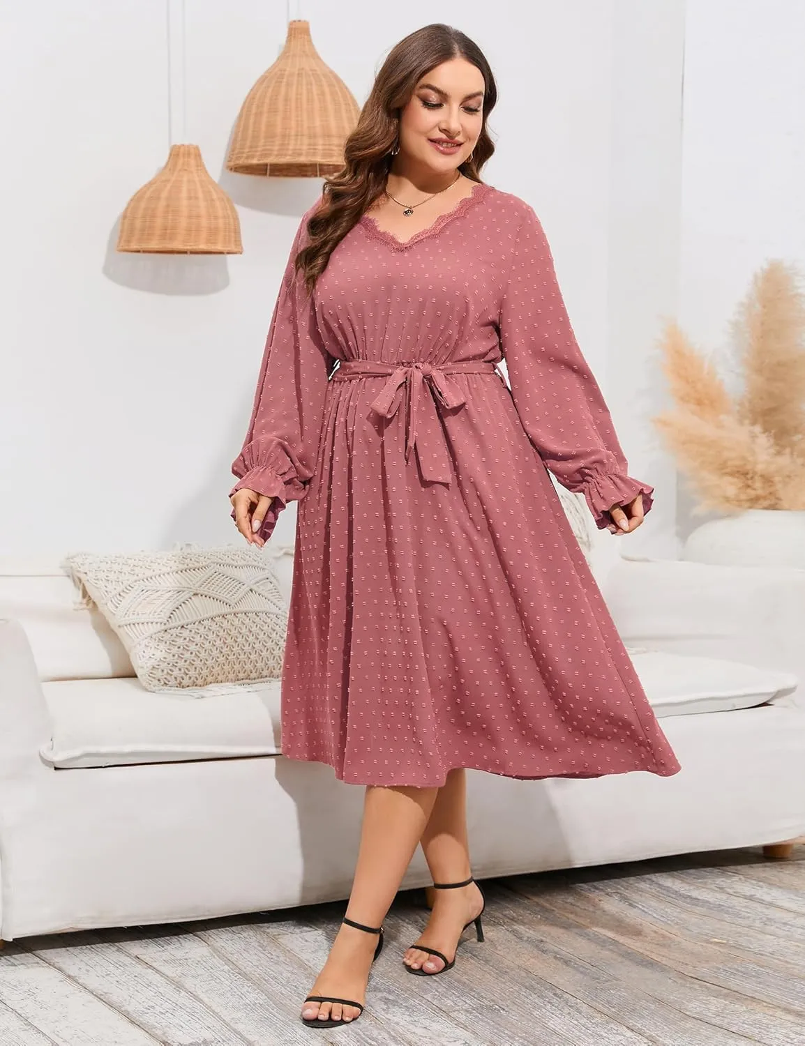 ShopWonder Plus Size Womens V Neck Long Sleeve Swiss Dot Boho Dress Empire Waist Ruffle Flowy A Line Midi Dress